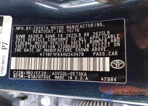 2017 Toyota Camry Se z USA, uszkodzony, nr VIN 4T1BF1FK4HU343478